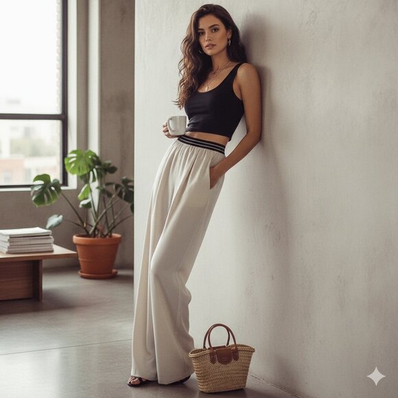 J.ING Tara Beige Slouchy Wide Leg Pants - Picture 1 of 4